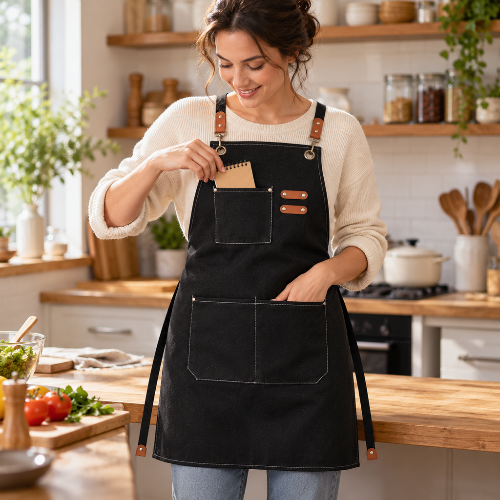 One apron from the two-piece black set, shown front-facing with a notebook near the chest pocket. Notebook and clothing are props, not included.