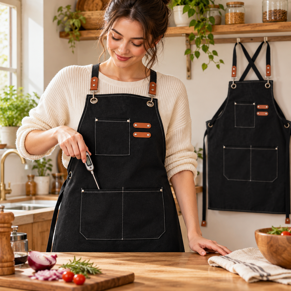 Black apron front with a hand holding a kitchen thermometer near a lower pocket; the second apron hangs behind. Tools and clothing are props, not included.
