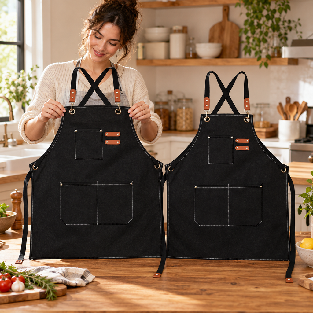 Two black aprons shown front-facing, with an adult holding one open. Kitchen decor and clothing are styling only.