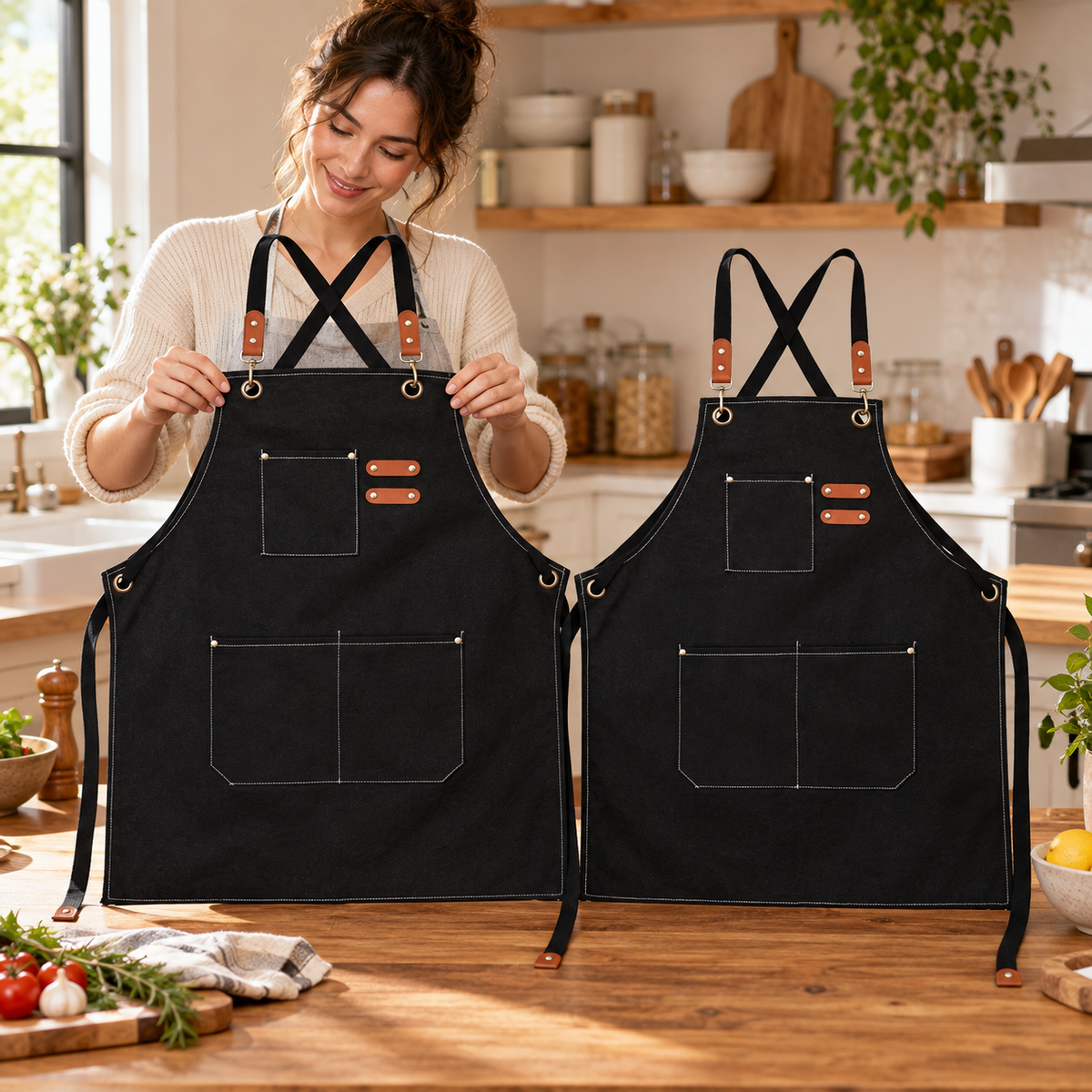Two black aprons shown front-facing, with an adult holding one open. Kitchen decor and clothing are styling only.