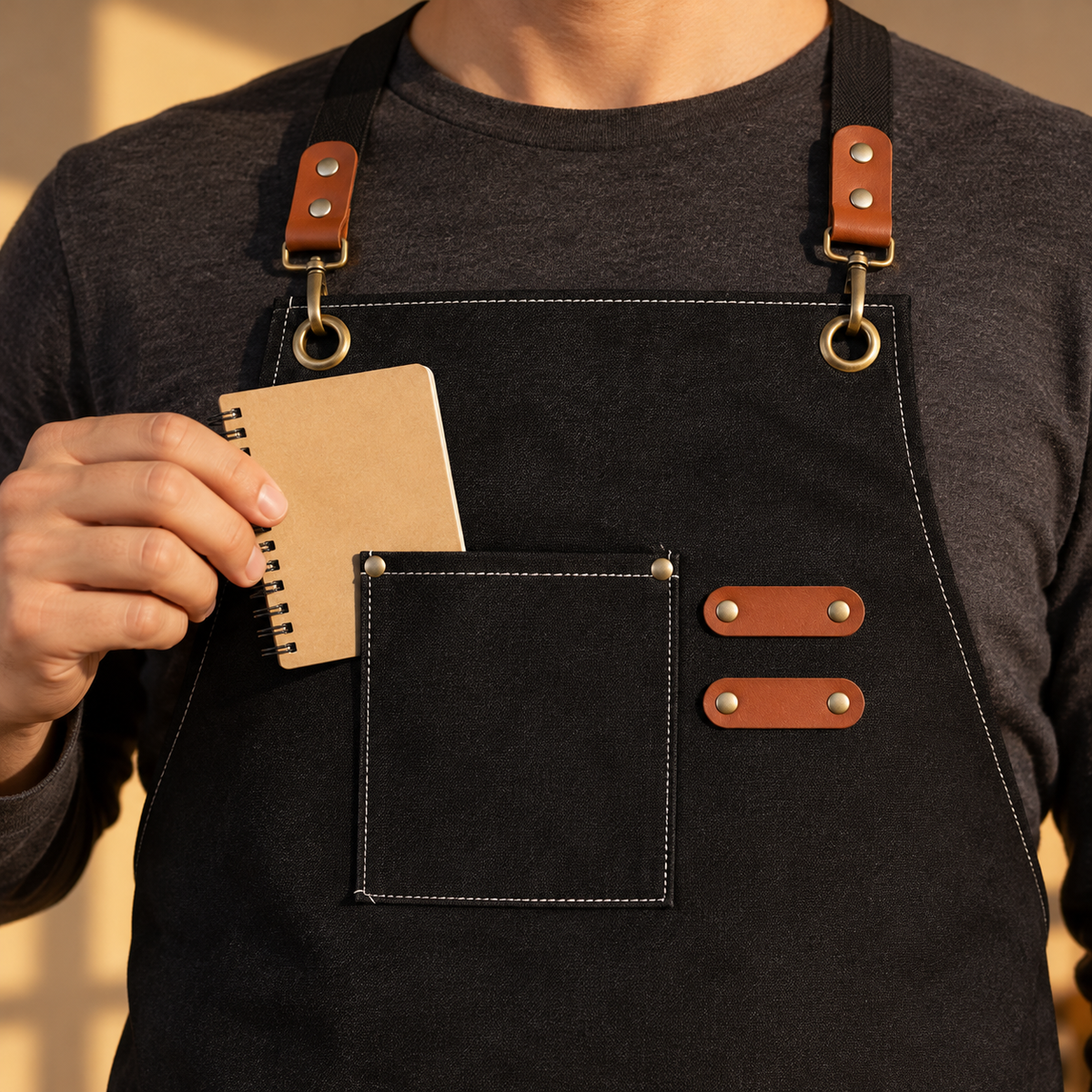 New front-bib detail of one black apron from the two-piece set, showing chest pocket, brown tabs and brass-tone clips. Notebook and clothing are props, not included.