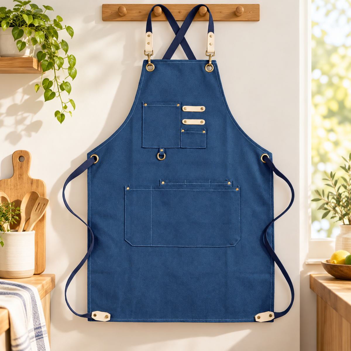 One blue apron displayed front-facing with cream tabs, brass-tone fittings and the source pocket layout. Kitchen decor is styling only.