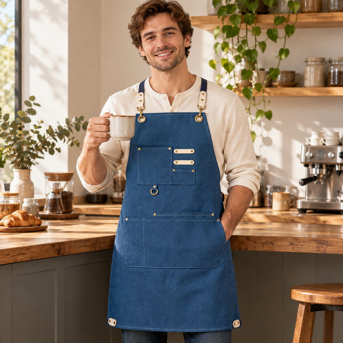 Adult wearing the blue apron front-facing at a coffee counter. Cup, clothing and coffee equipment are props, not included.