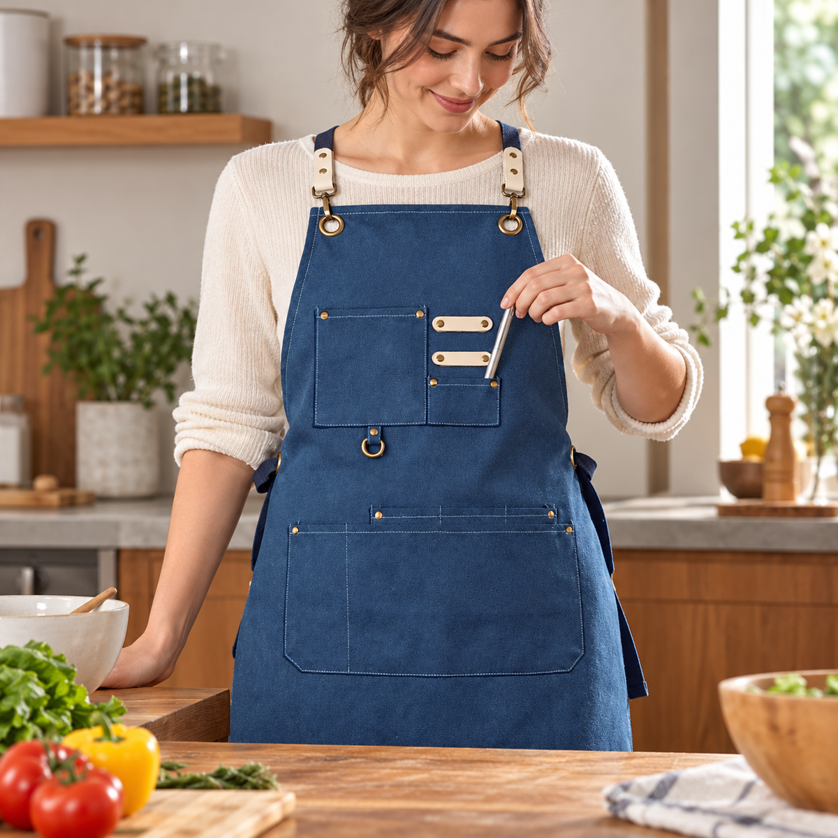 Front view of blue apron with a slim pen at the small chest pocket. Pen, clothing and kitchen objects are props, not included.