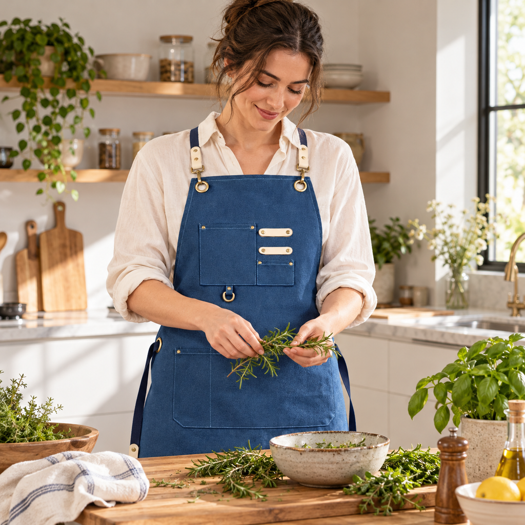 Adult wearing the blue apron while arranging herbs at a counter. Clothing, food and kitchen tools are props, not included.