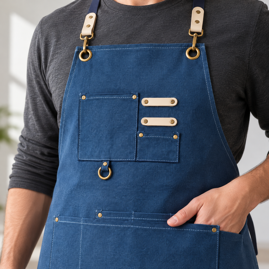 New front detail of the blue apron showing cream tabs, chest pockets, brass-tone D-ring and layered lower pocket edges. Clothing is not included.