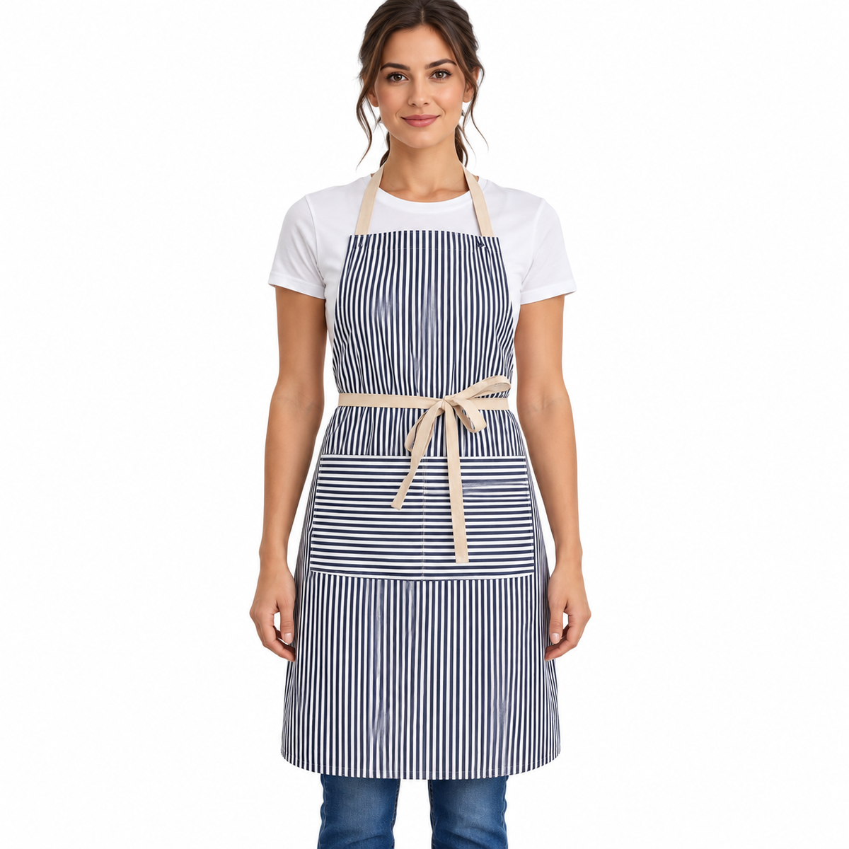 AI-derived image of navy and white striped apron worn front-facing on white background. Styling clothes and props are not included.