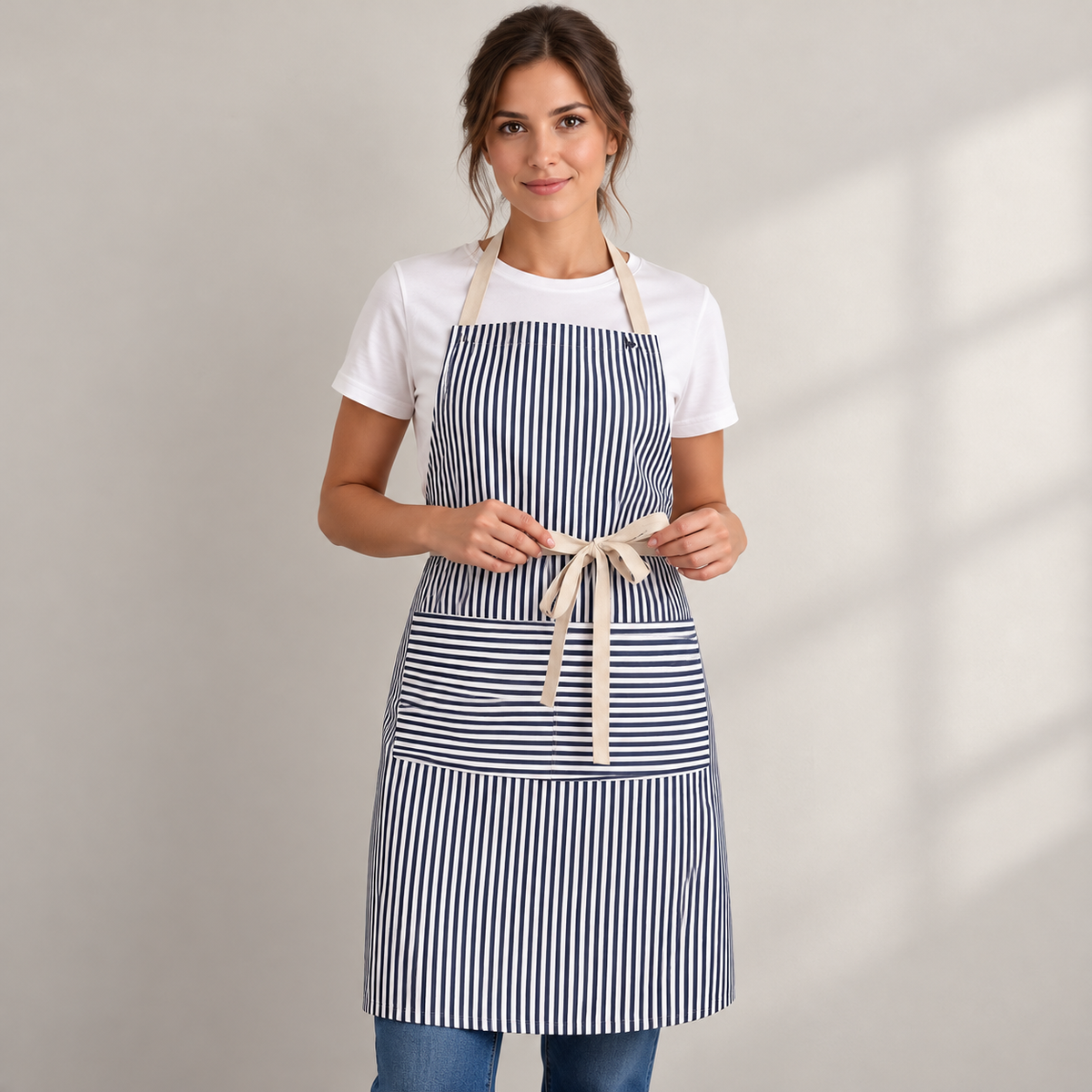 AI-derived image of hands adjusting the navy striped apron's beige front bow. Clothing and styling props are not included.