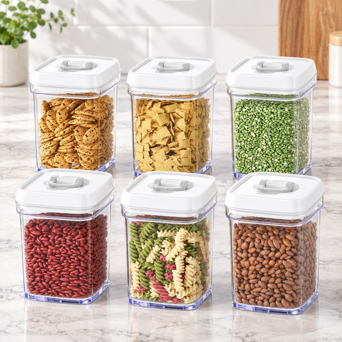 All six clear containers with closed white lids arranged in two rows on a counter. Food contents and kitchen decor are props, not included.