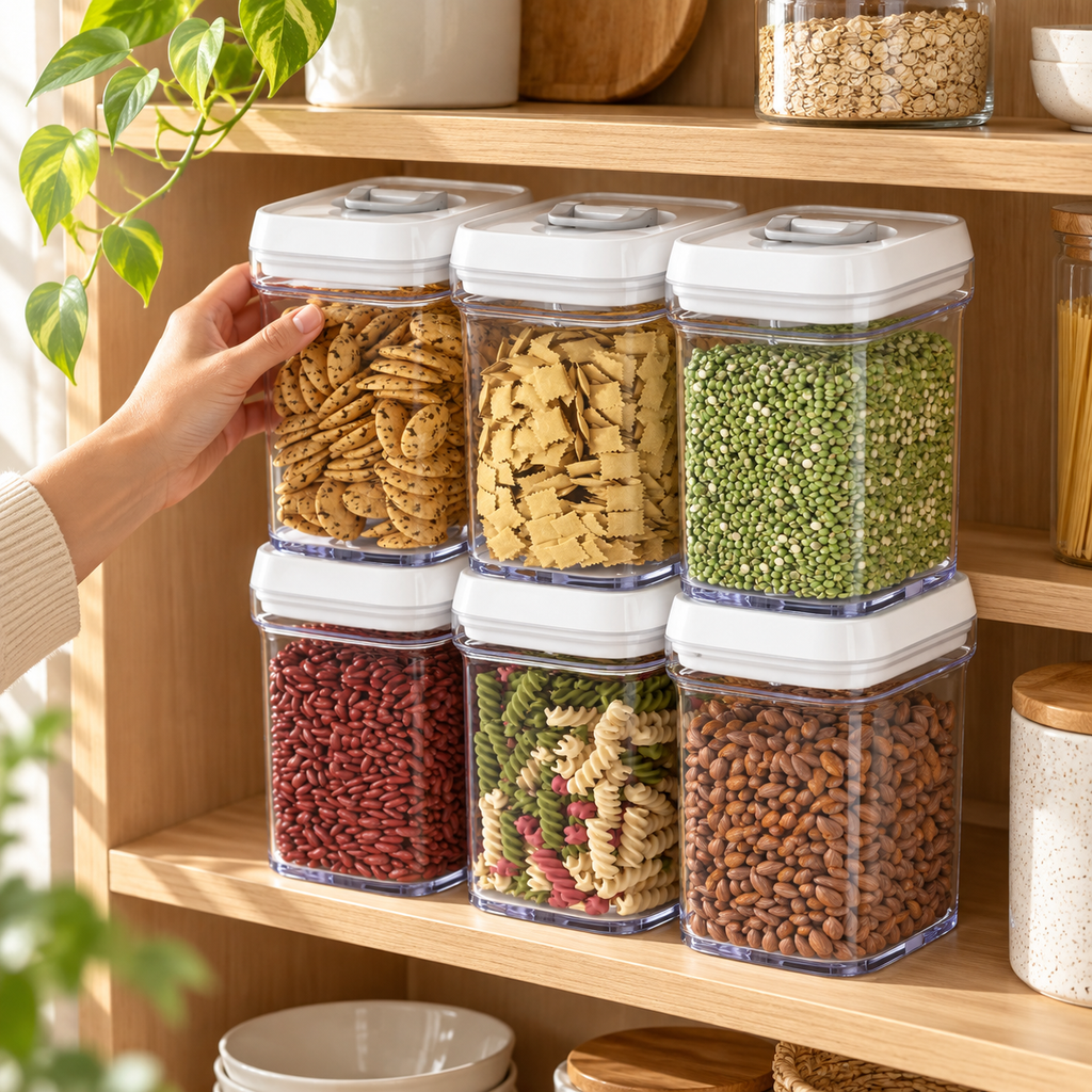 Six closed white-lid containers arranged two high on a pantry shelf. Food contents and shelf accessories are props, not included.