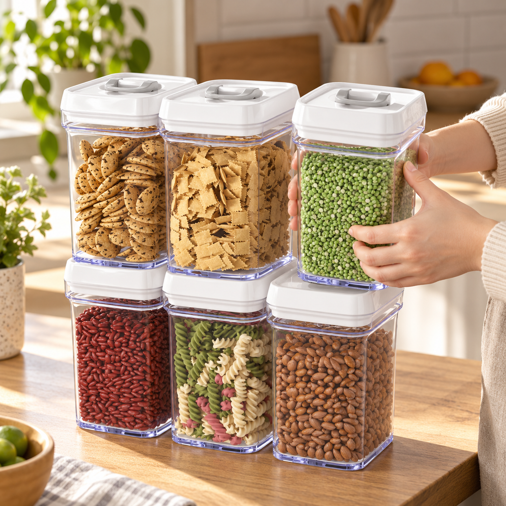 Hands holding one closed container beside the other five containers. Food contents, clothing and kitchen decor are props, not included.