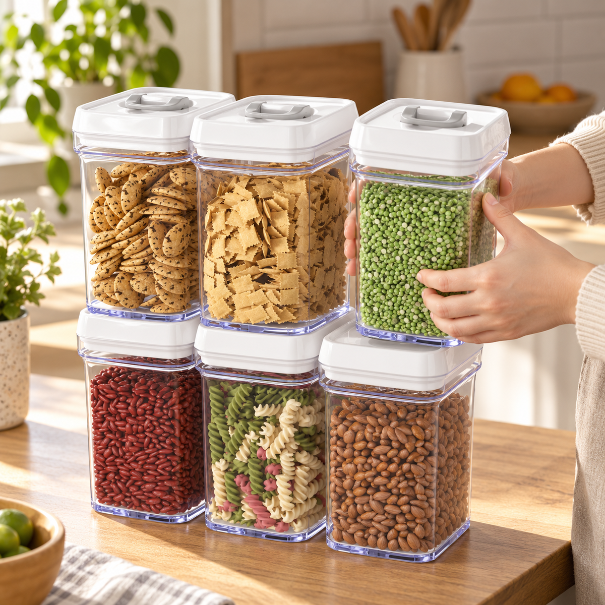 Hands holding one closed container beside the other five containers. Food contents, clothing and kitchen decor are props, not included.