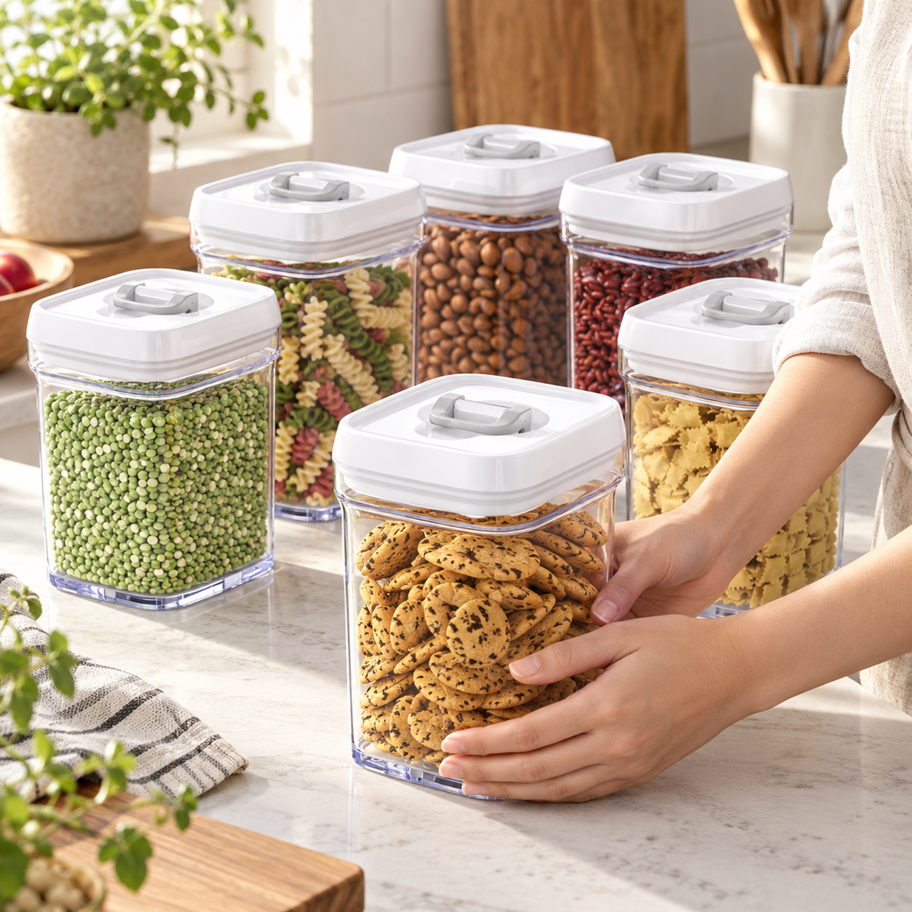Hands positioning the closed biscuit container with the other five closed containers behind. Food contents and kitchen decor are props, not included.