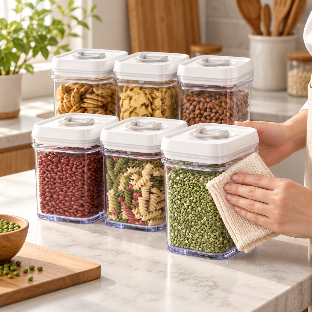 Hand wiping the outside of one closed container with a soft cloth; the other five containers remain closed. Food and cloth are props, not included.