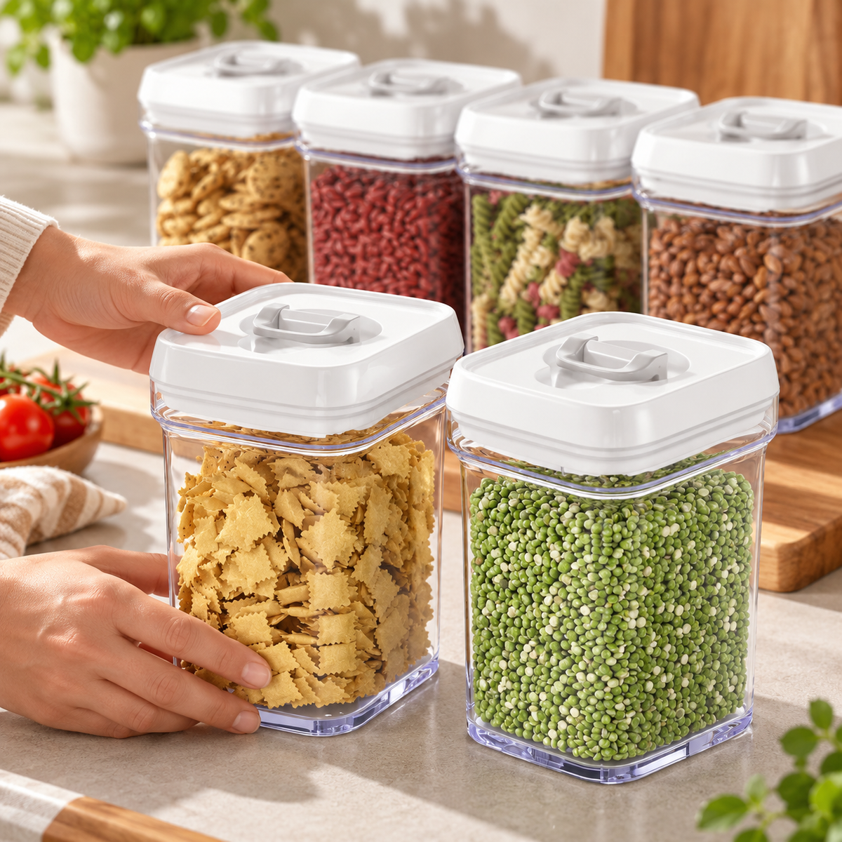 New close view of two closed containers with white lid edges and folded top rings; four more containers behind. Food contents and kitchen decor are props, not included.