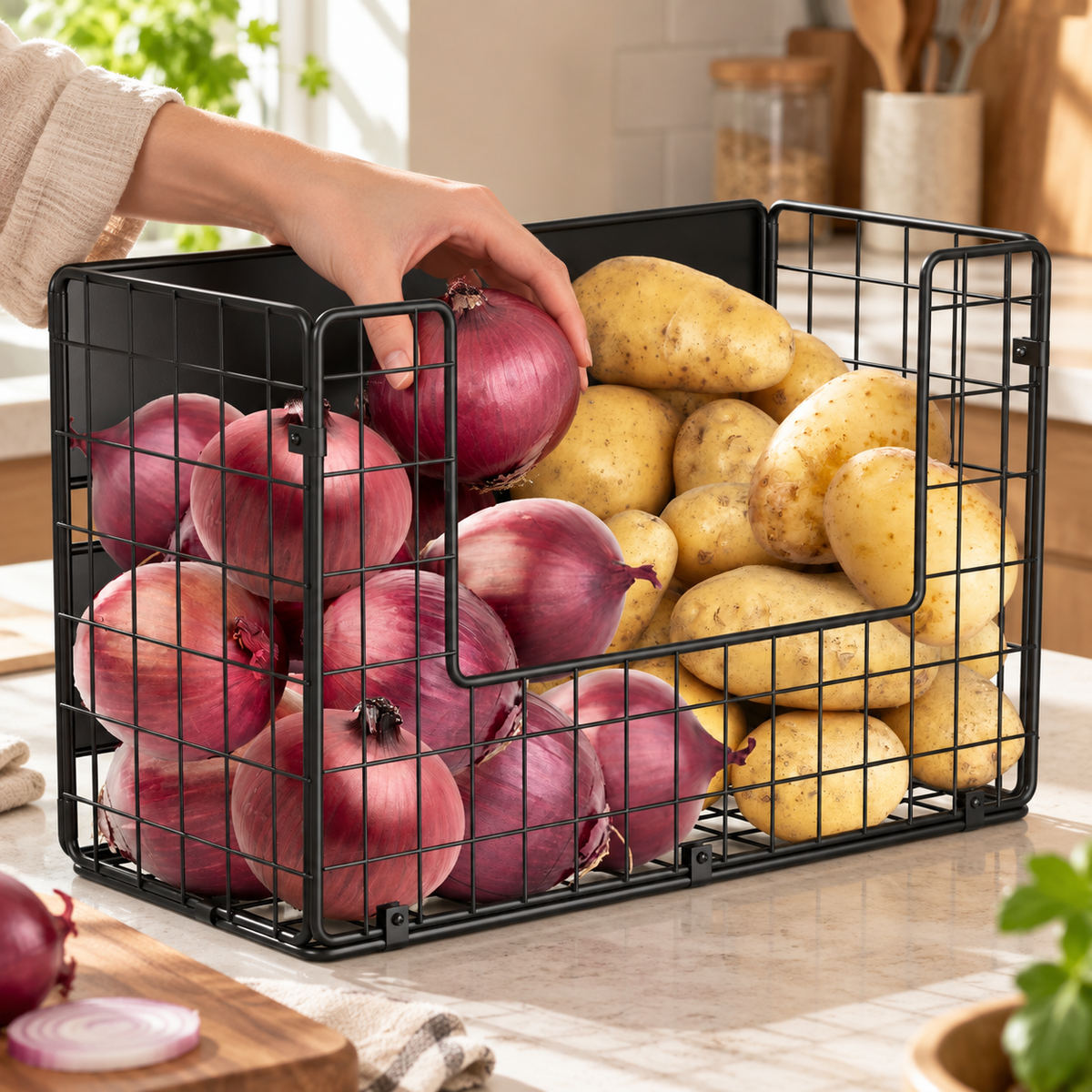Hand taking an onion through the open front of the black wire basket while it rests on a counter. Food and clothing are props, not included.