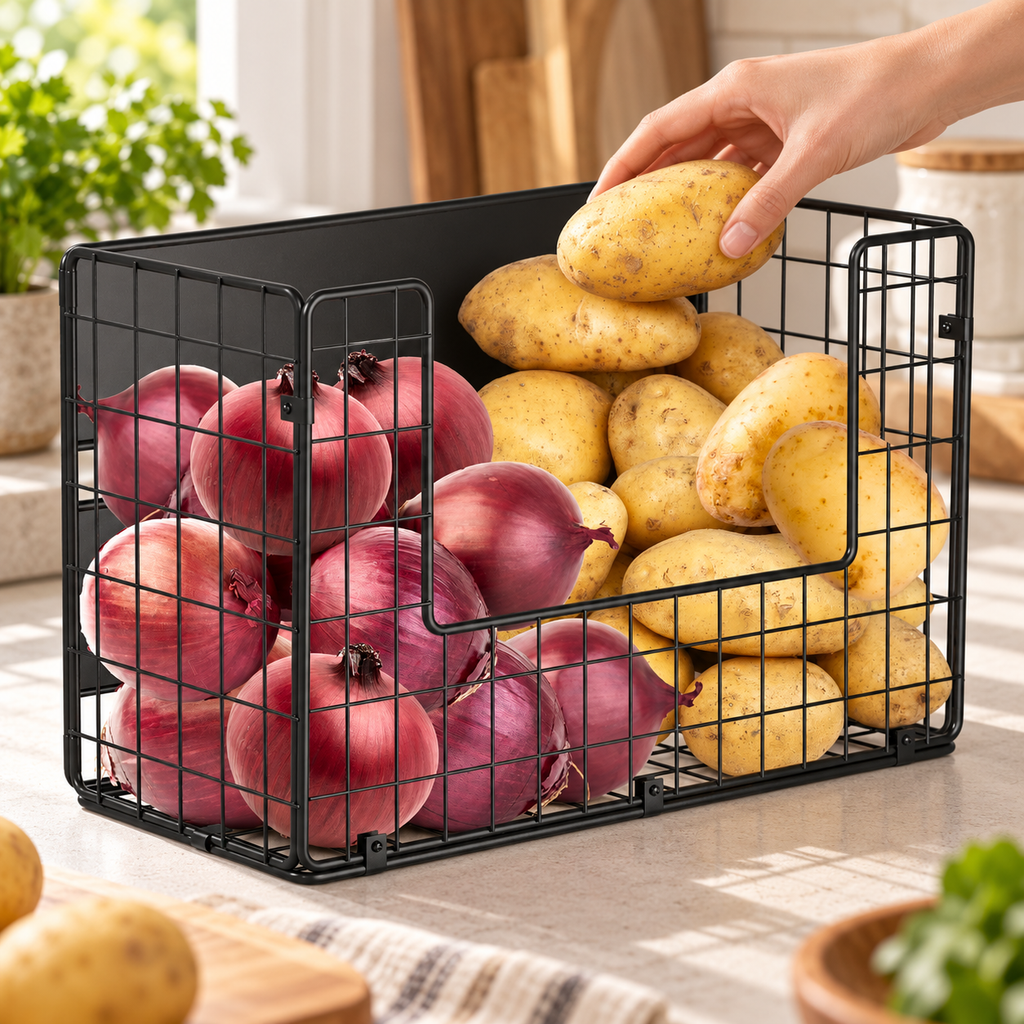 Hand placing a potato in the black wire basket supported on a counter. Food, clothing and kitchen objects are props, not included.