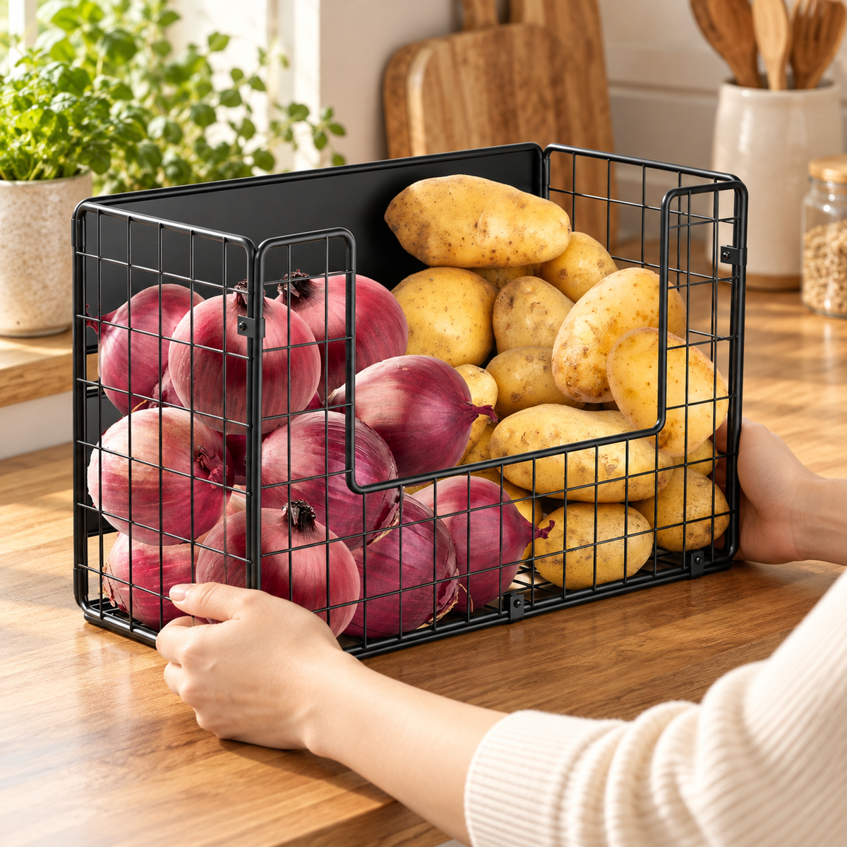Hands repositioning the black wire basket along a countertop. Onions, potatoes, clothing and decor are props, not included.