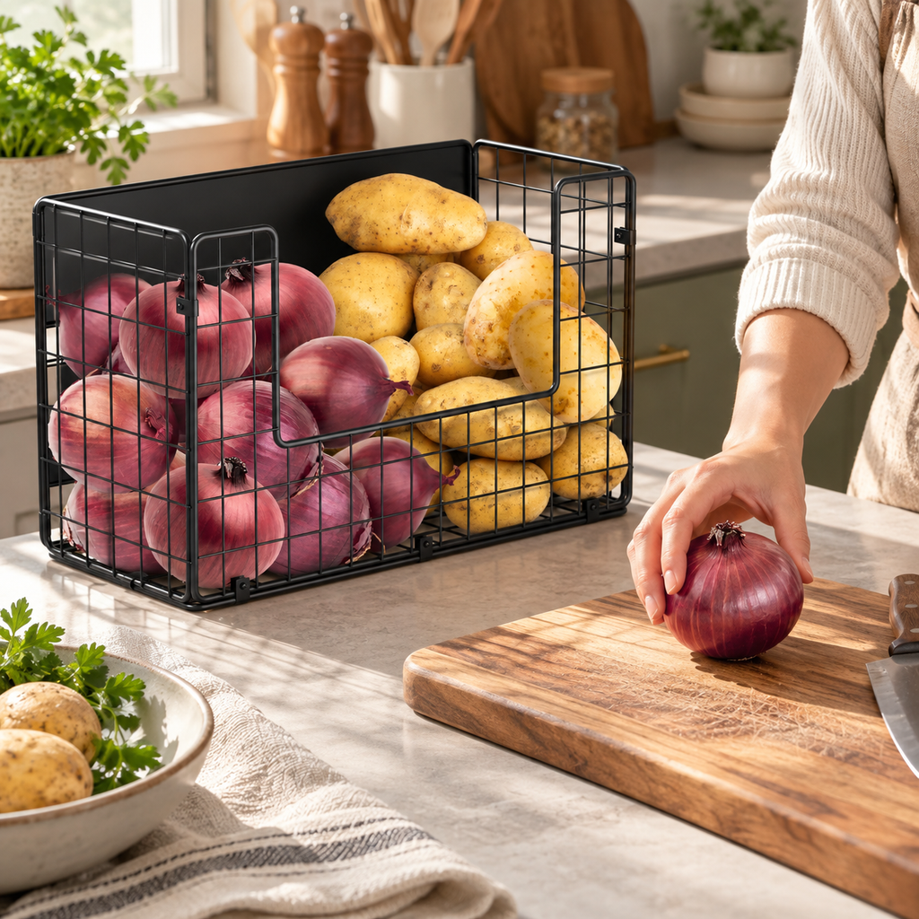 Black wire basket beside a chopping board while an onion is placed on the board. Food, board and clothing are props, not included.