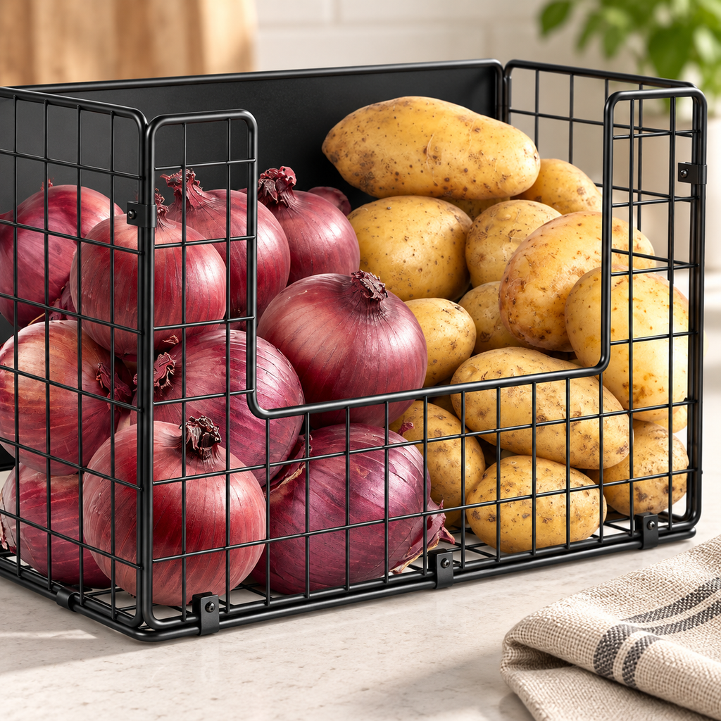 New close view of the black basket's U-shaped front opening and wire grid while supported on a counter. Onions, potatoes and linen are props, not included.