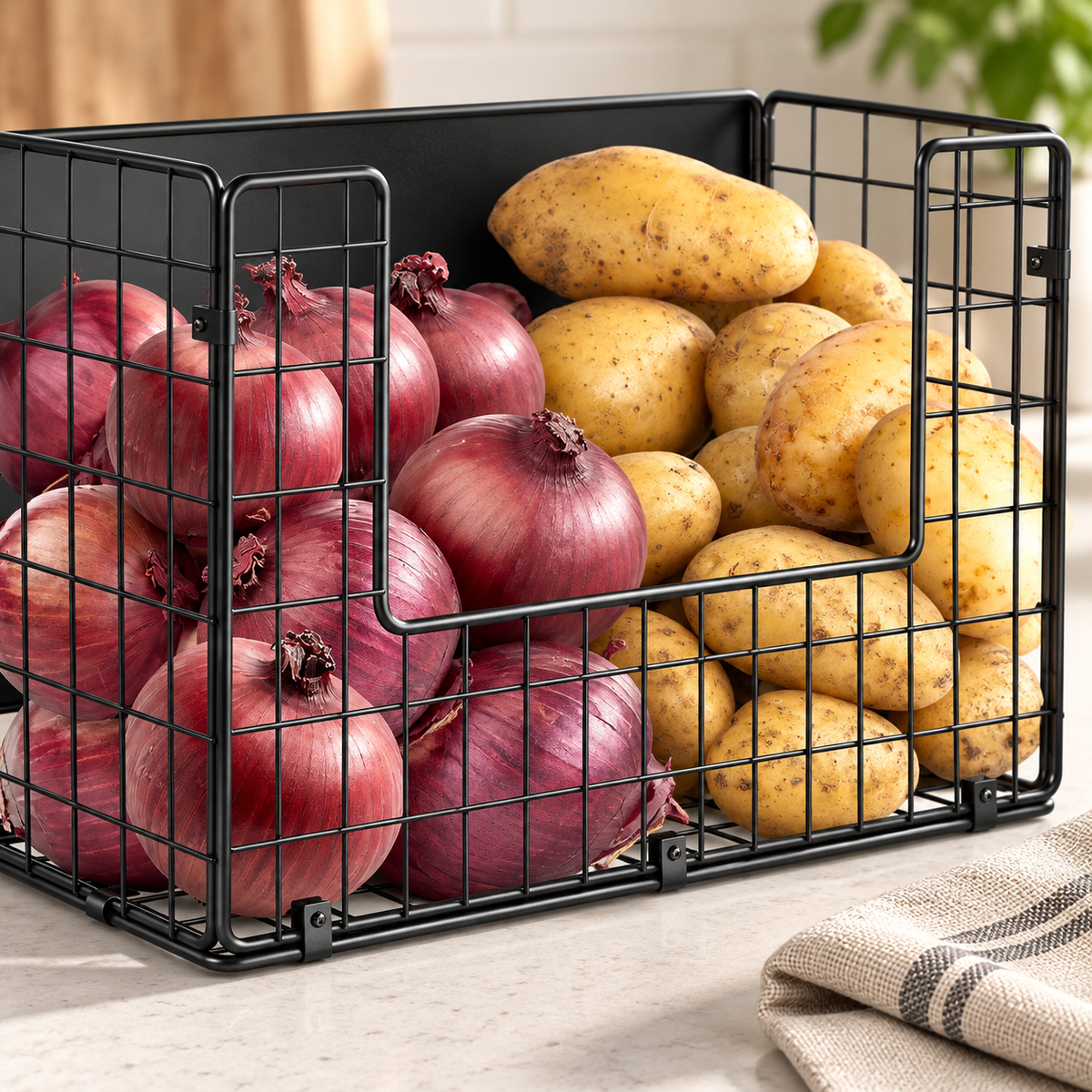 New close view of the black basket's U-shaped front opening and wire grid while supported on a counter. Onions, potatoes and linen are props, not included.