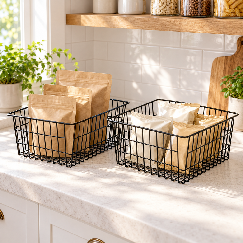 Two black wire baskets organizing pantry packets. Props not included. AI-generated product visualization.