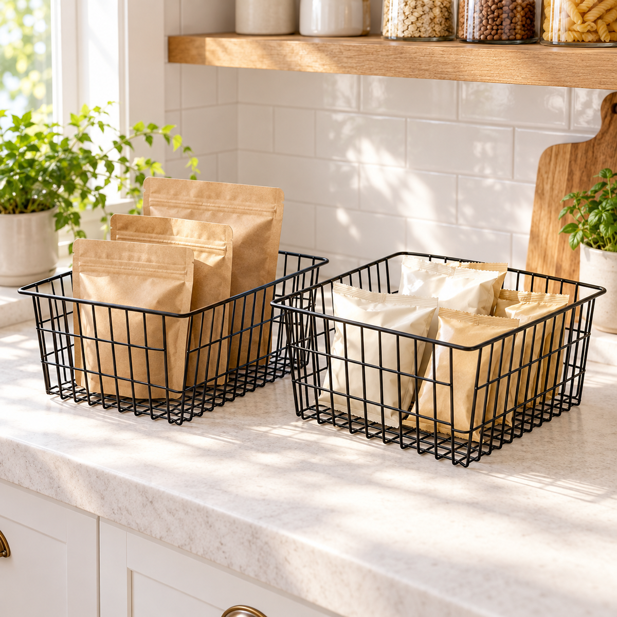 Two black wire baskets organizing pantry packets. Props not included. AI-generated product visualization.
