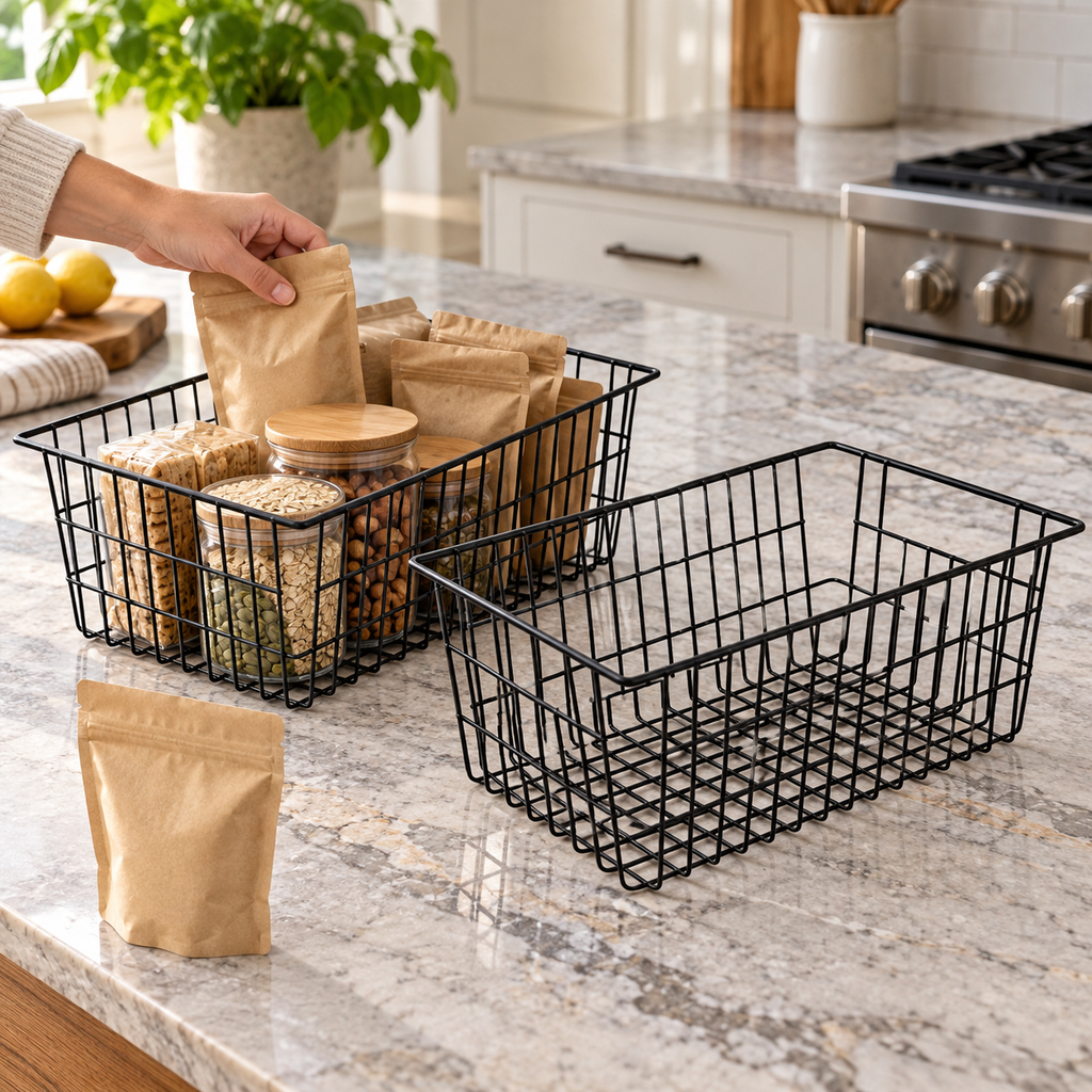 Sorting pantry packets beside two black wire baskets. Props not included. AI-generated product visualization.