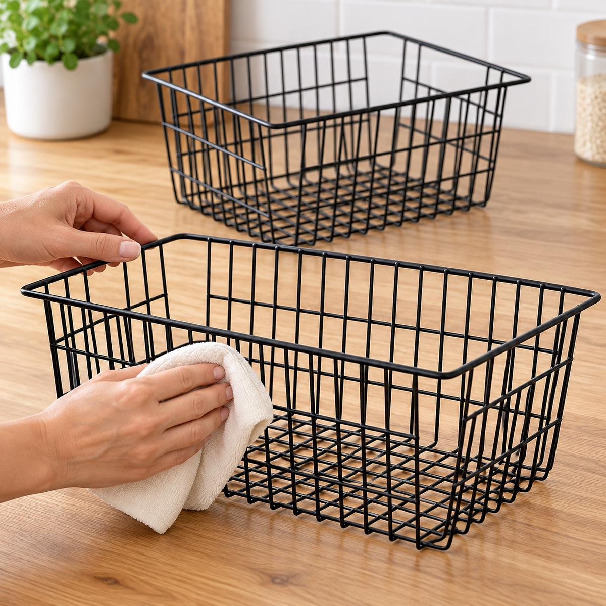 Wiping the outside of a black wire basket. Props not included. AI-generated product visualization.