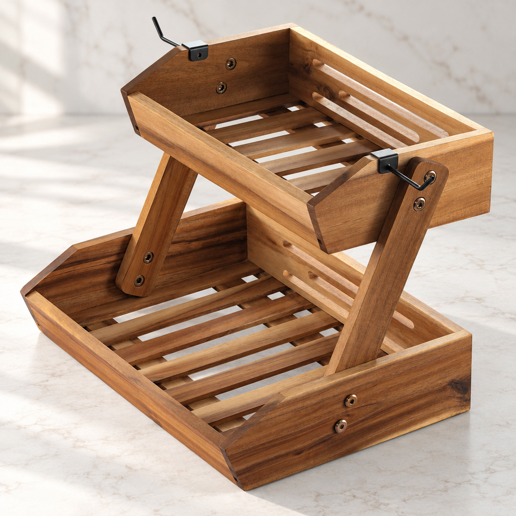 One empty two-tier wooden fruit stand with both black hooks visible, shown from the front-right on a counter. Counter styling is not included.