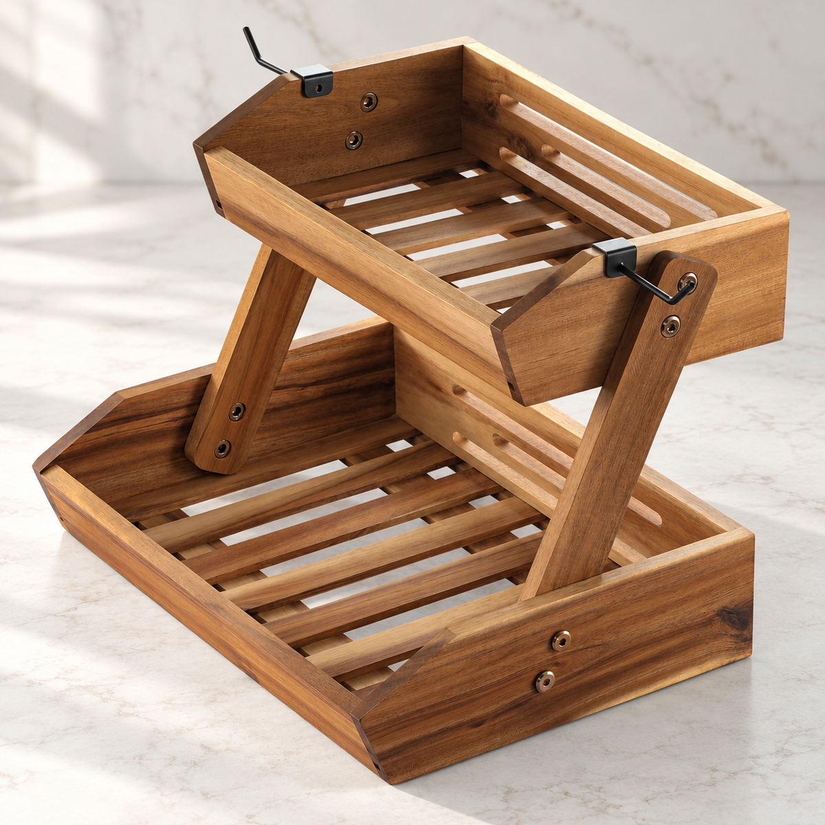 One empty two-tier wooden fruit stand with both black hooks visible, shown from the front-right on a counter. Counter styling is not included.