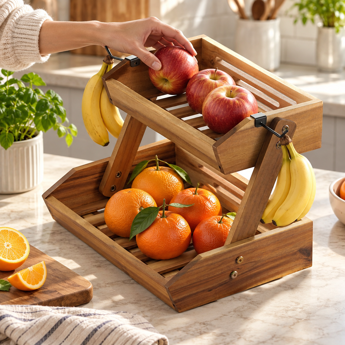 Two-tier wooden stand with apples and citrus while a hand arranges an apple. Fruit, clothing and kitchen decor are props, not included.