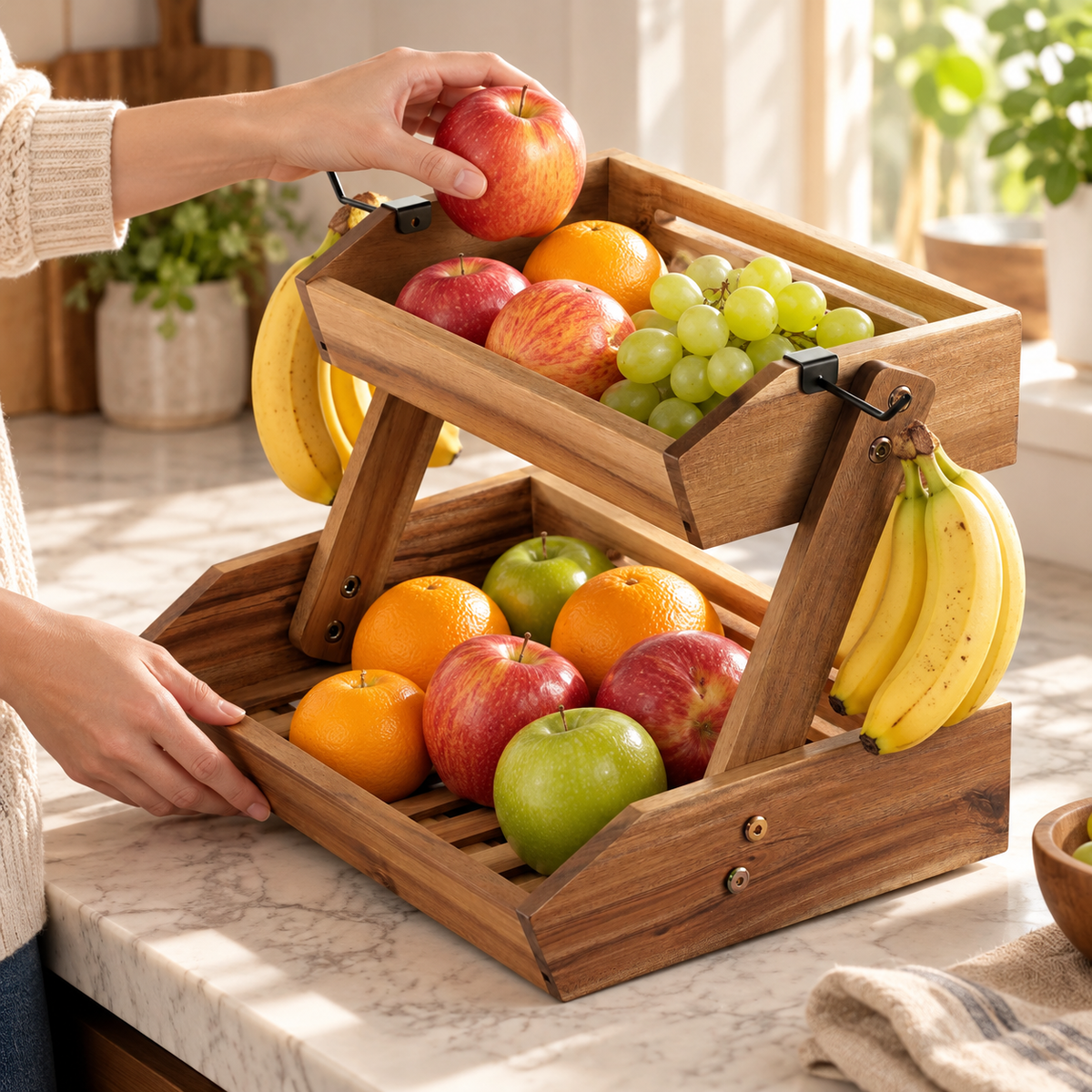 Hand placing an apple in the upper tray of the two-tier wooden stand. Fruit, clothing and kitchen decor are props, not included.