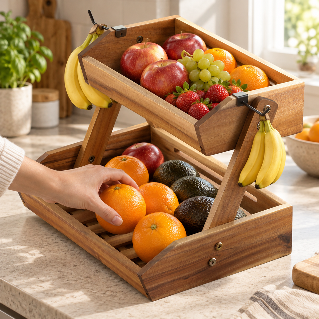 Hand taking citrus from the lower tray of the two-tier wooden stand. Fruit, clothing and kitchen decor are props, not included.