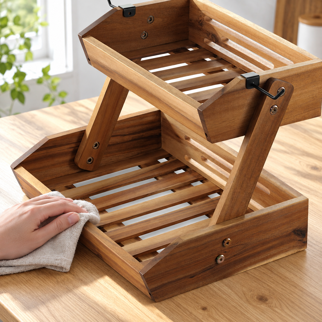 New close view of the empty stand's slatted trays and diagonal support while a cloth touches the outer front rim. Cloth and furniture are props, not included.