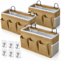 Three khaki organizers and six clear adhesive hooks on white background.