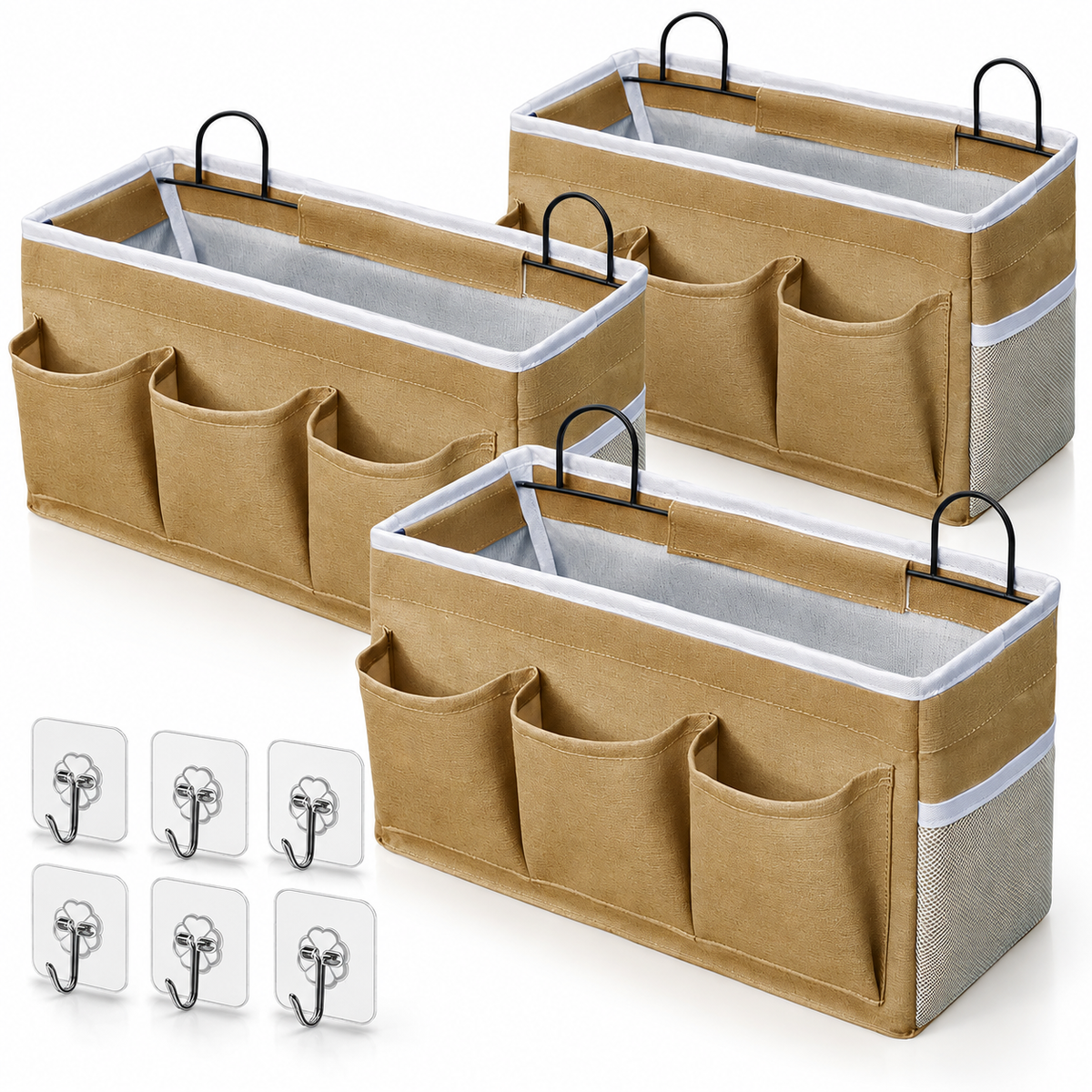 Three khaki organizers and six clear adhesive hooks on white background.
