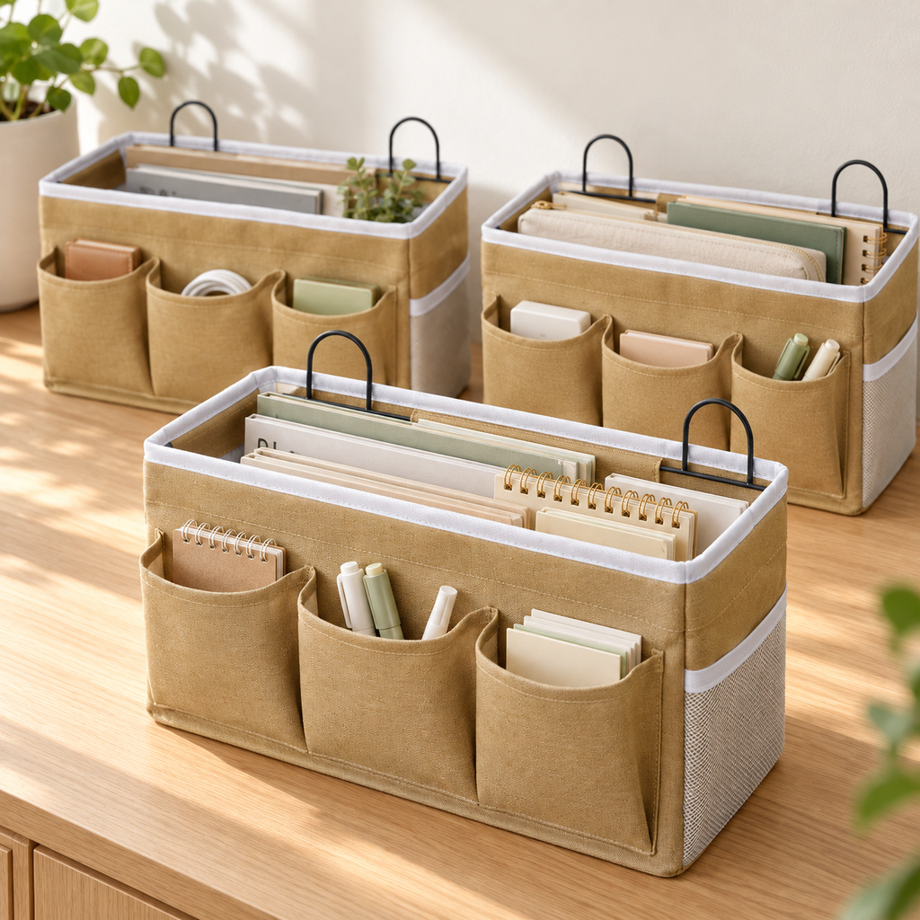 Three khaki organizers arranged on a tabletop with everyday stationery; all contents and decor are styling props, not included.