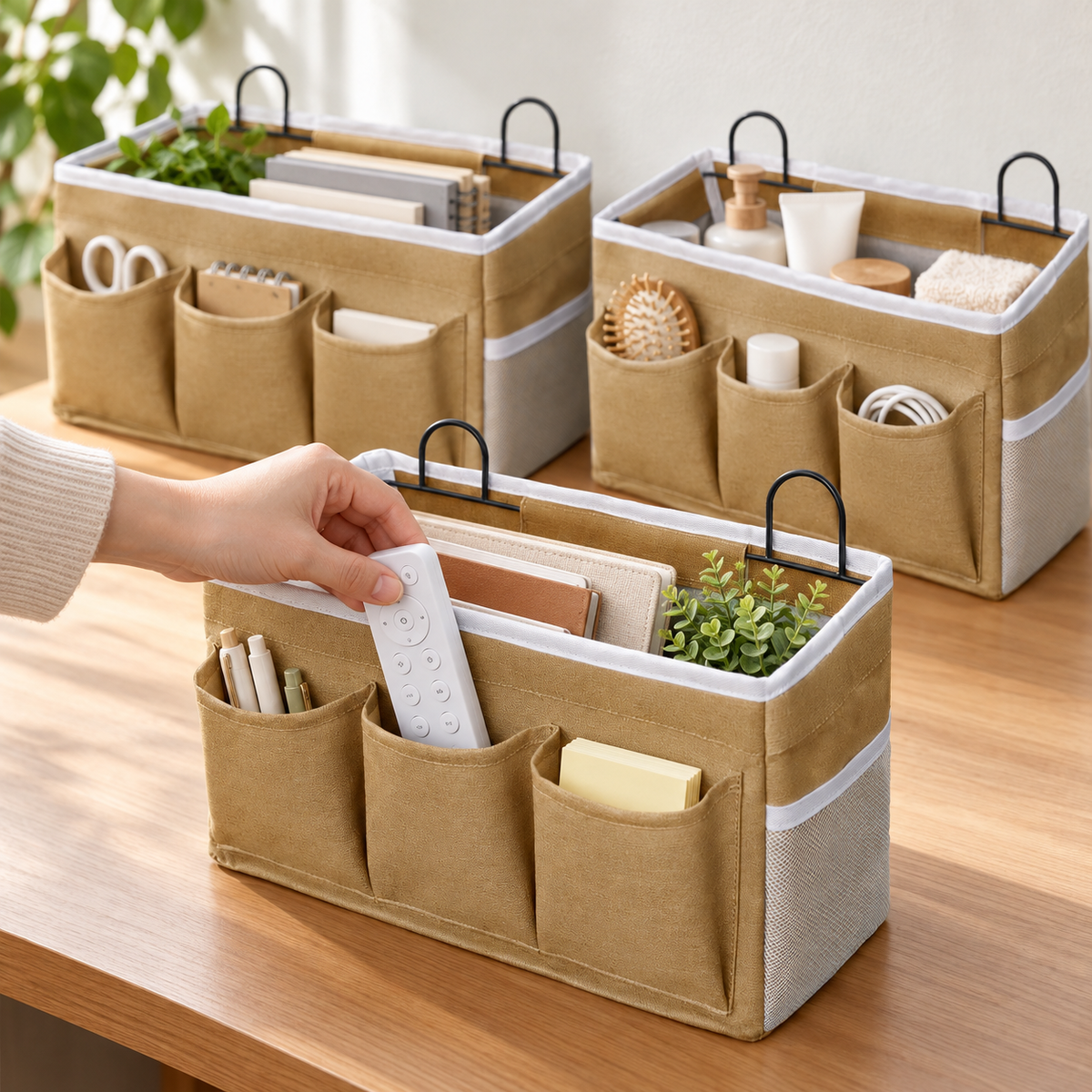 Hand placing a remote in a front pocket of a khaki organizer; remote, stationery and decor are props, not included.