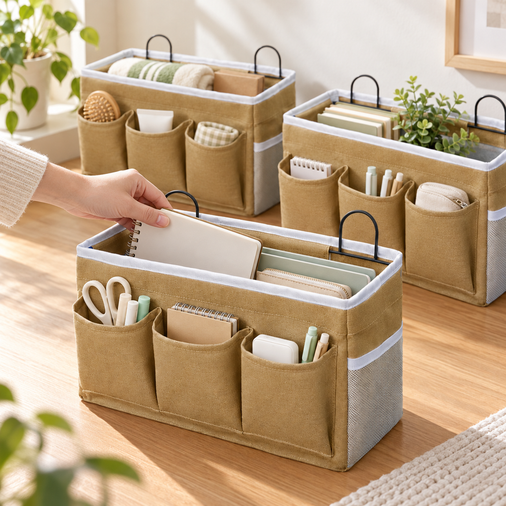 Hand placing a notebook in a khaki organizer main compartment; notebook and other contents are props, not included.