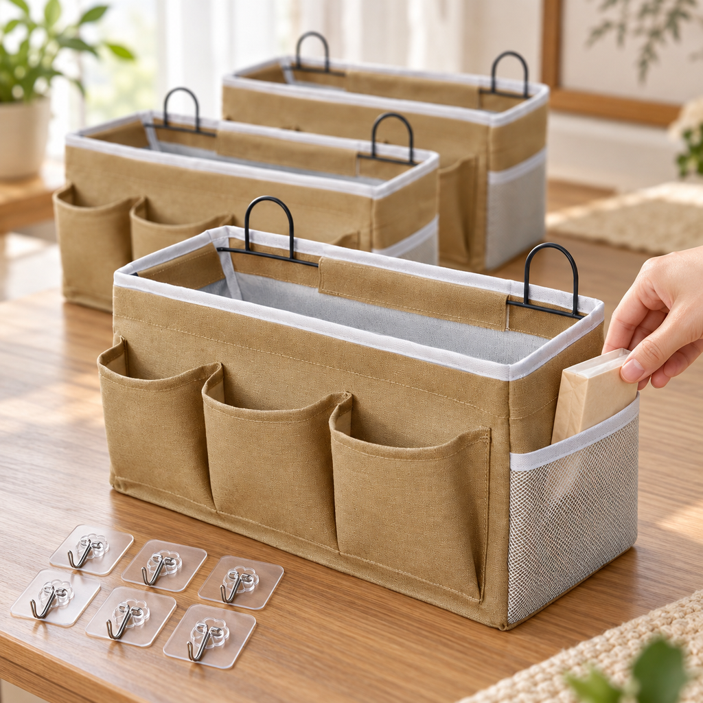 Hand placing a small paper packet in the right mesh side pocket; packet is a prop, not included.