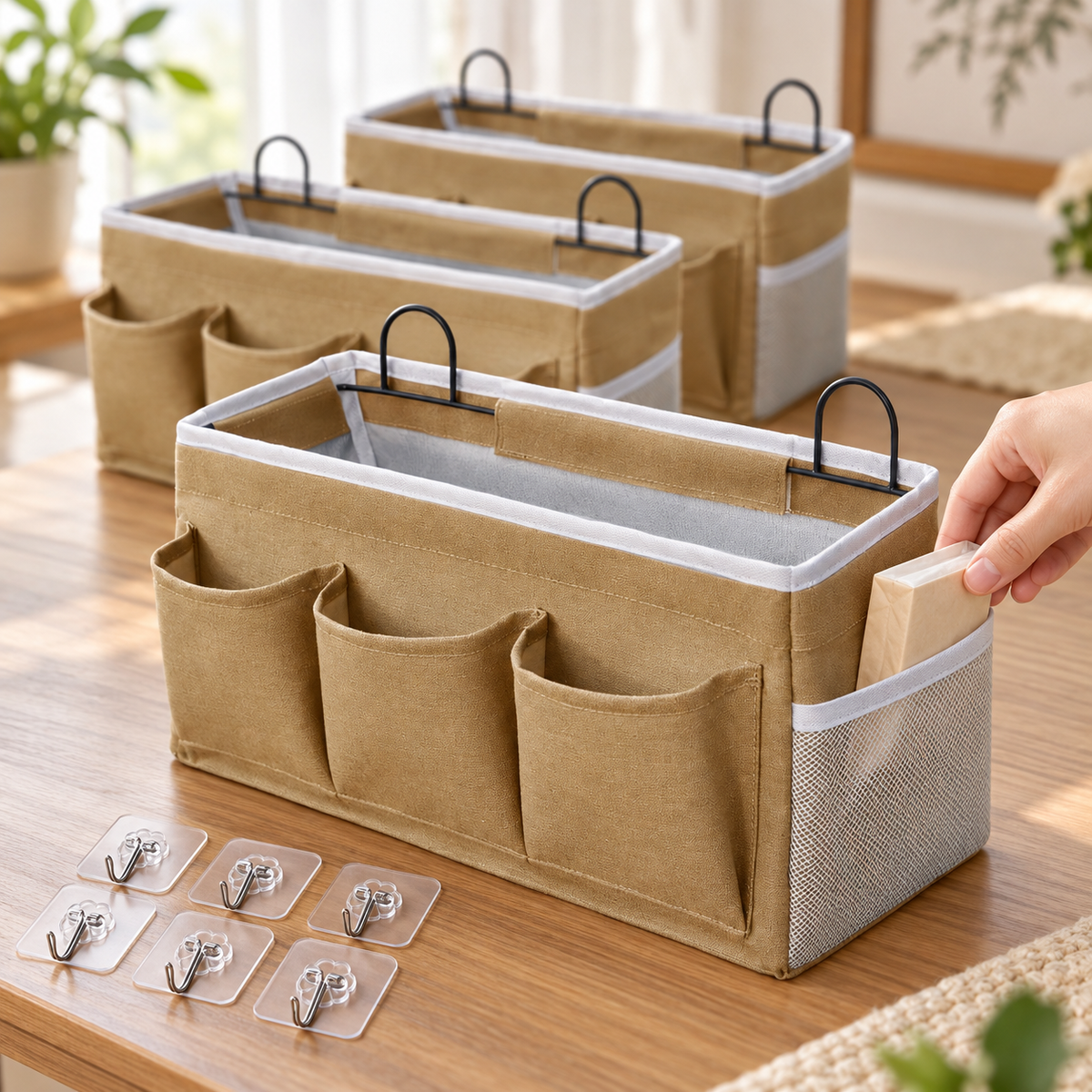 Hand placing a small paper packet in the right mesh side pocket; packet is a prop, not included.