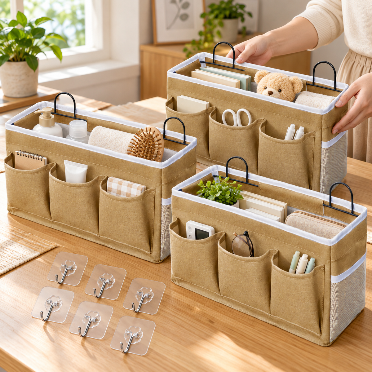 Hands arranging three khaki organizers on a tabletop; contents and decor are props, not included.
