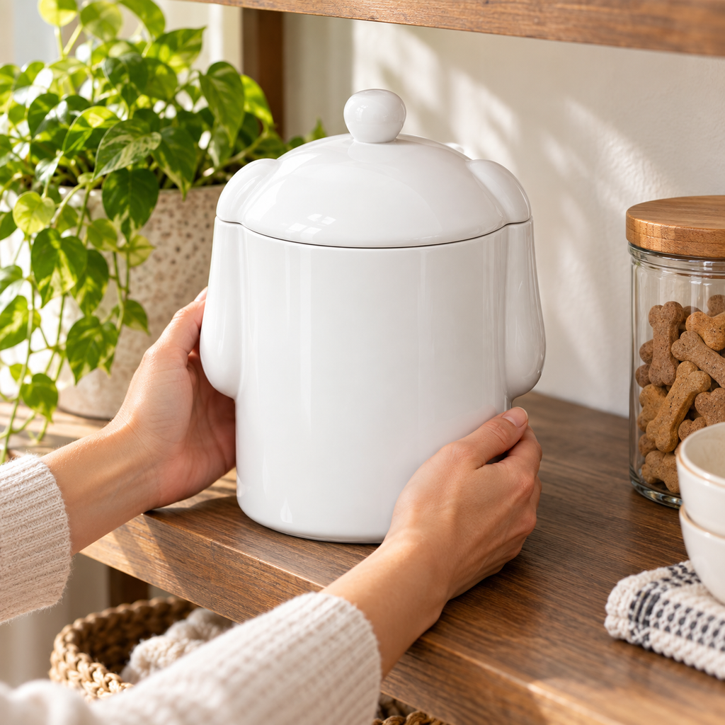Hands positioning the closed white treat jar on a shelf; other containers and decor are props, not included.