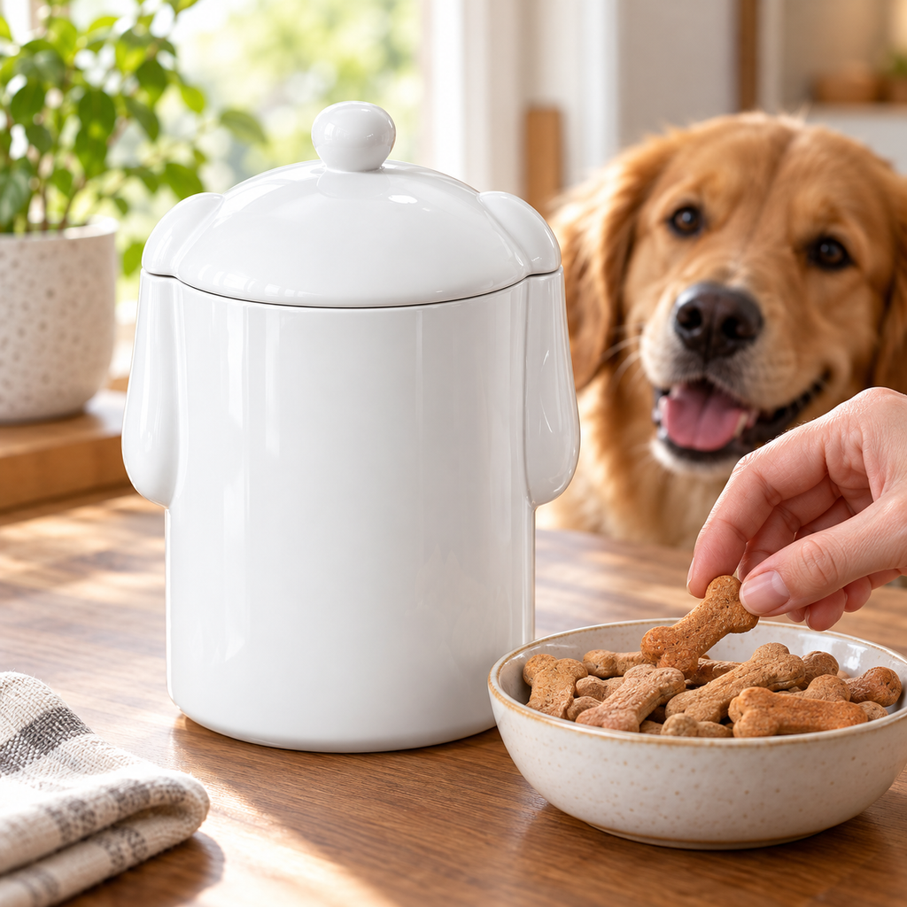 Hand selecting a treat from a separate bowl beside the closed jar; dog, bowl and treats are styling props, not included.