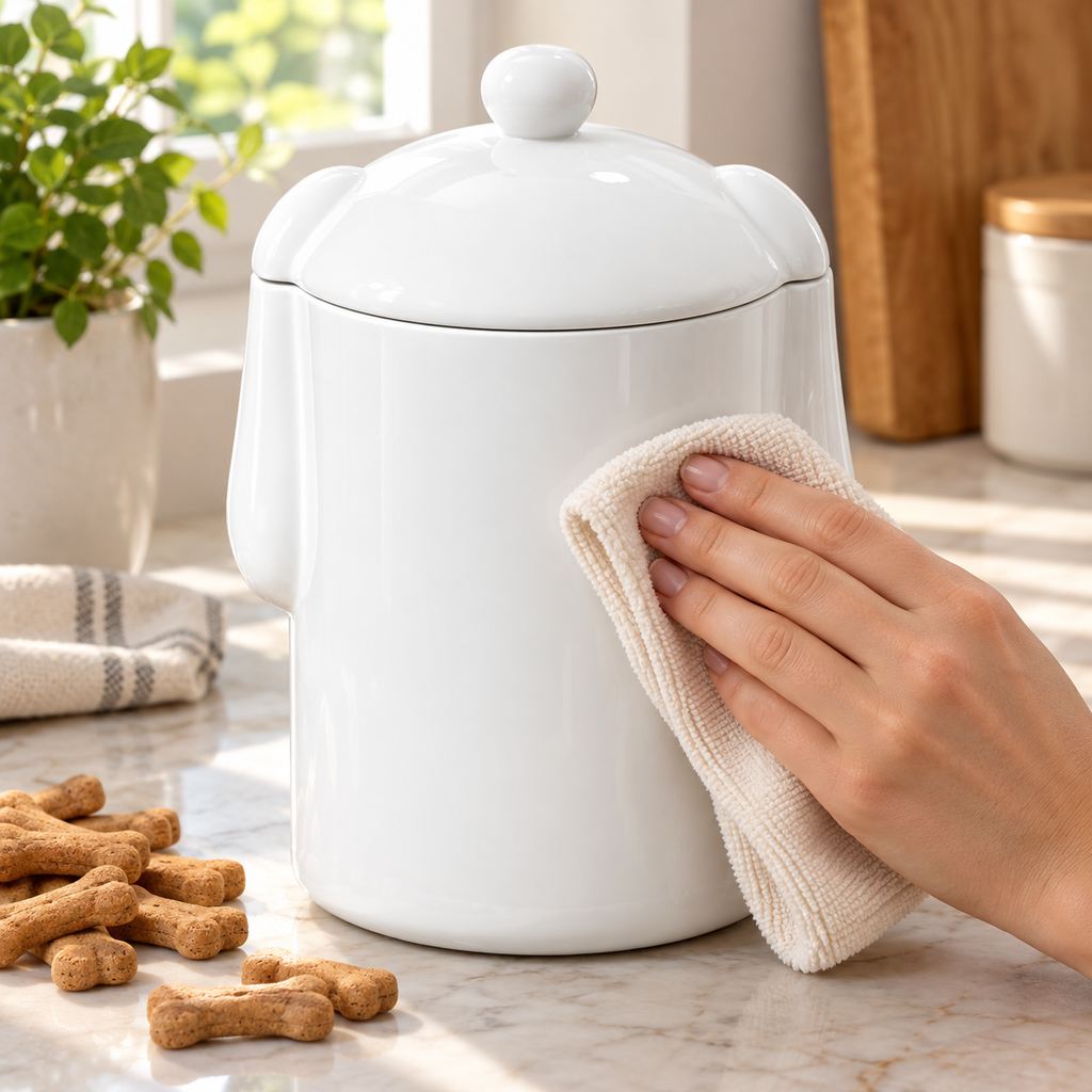 Hand wiping the closed treat jar exterior with a dry cloth; cloth and treats are props, not included.