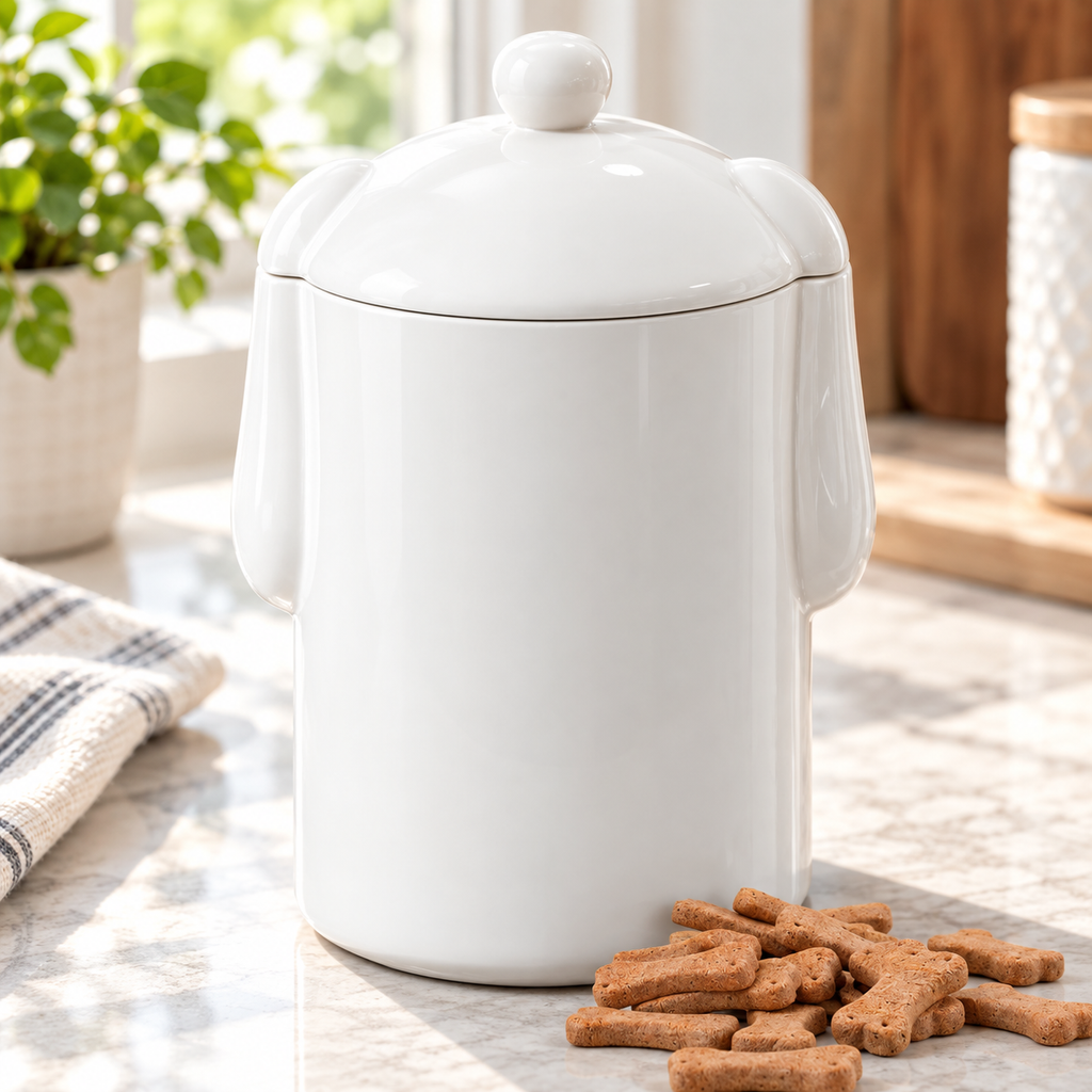 Closed lid, round knob and dog-ear details of the white treat jar; biscuits and decor are props, not included.