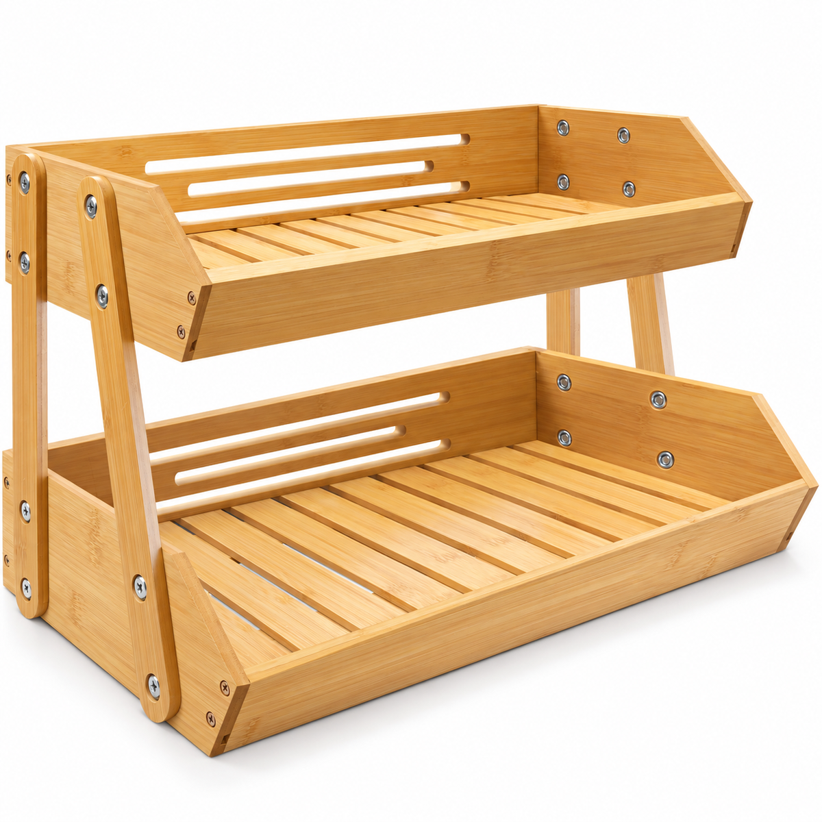 Empty two-tier bamboo stand on a white background, showing its slatted trays and legs.
