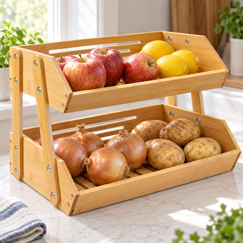 Two-tier bamboo stand with apples and lemons above onions and potatoes; produce and linens are props, not included.