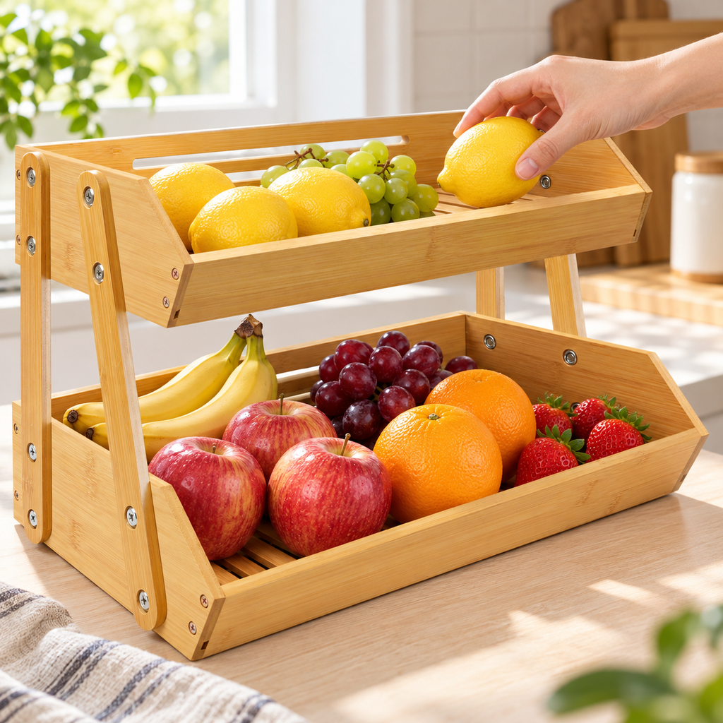 Hand placing a lemon on the top tray of a bamboo stand; all produce and linens are props, not included.